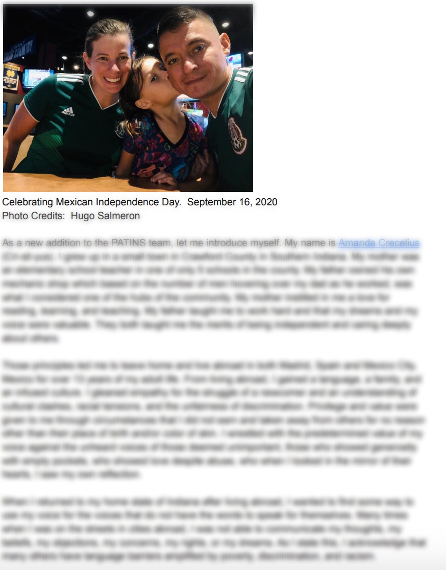 Last year’s blog post with photo of Amanda Crecelius and family wearing Mexican futbol (soccer) jerseys with the caption: Celebrating Mexican Independence Day, September 16th, 2020