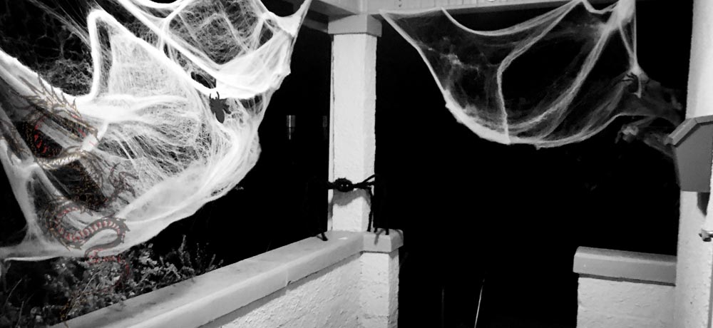 Image of porch with spider webs, dragon, and big spider