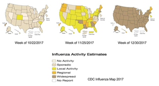 Influenza Activity Estimates Indiana and much of the nation have sporatic outbreak in October. In November Indiana is still sporatic but other states are showing local activity.  By December all contiguous states show widespread flu reports.