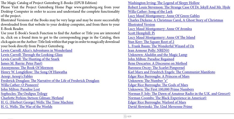 Screenshot of page one of the magic catalog of Project Gutenberg with a brief introduction and one and half columns of hyperlinked authors with titles.  