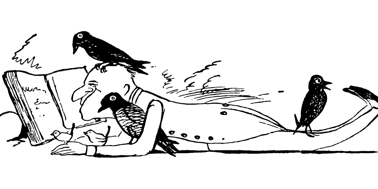 black and white illustration of man lying on stomach reading a book with three crows near him