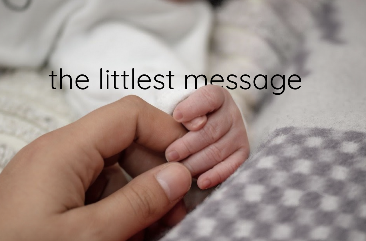 infant hand held by an adult hand, the text 