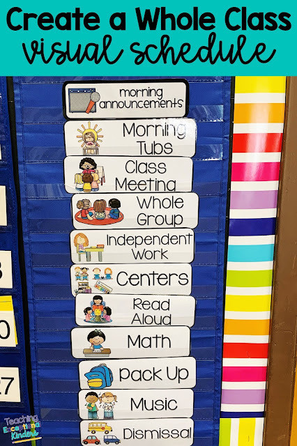 classroom visuals for schedule listed vertically. Each activity includes and image and word.  For example, the topmost item is morning announcement snad has computer winrdo with a magnifying glass.  Further down the list is pack up with a backpack.