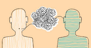 Outline drawings of two adults with a squiggly bubble representing communication with a line from one person''s mouth to the bubble and a line from the bubble to the other person's ear