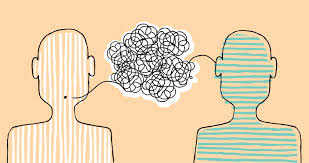 Outline drawings of two adults with a squiggly bubble representing communication with a line from one person''s mouth to the bubble and a line from the bubble to the other person's ear