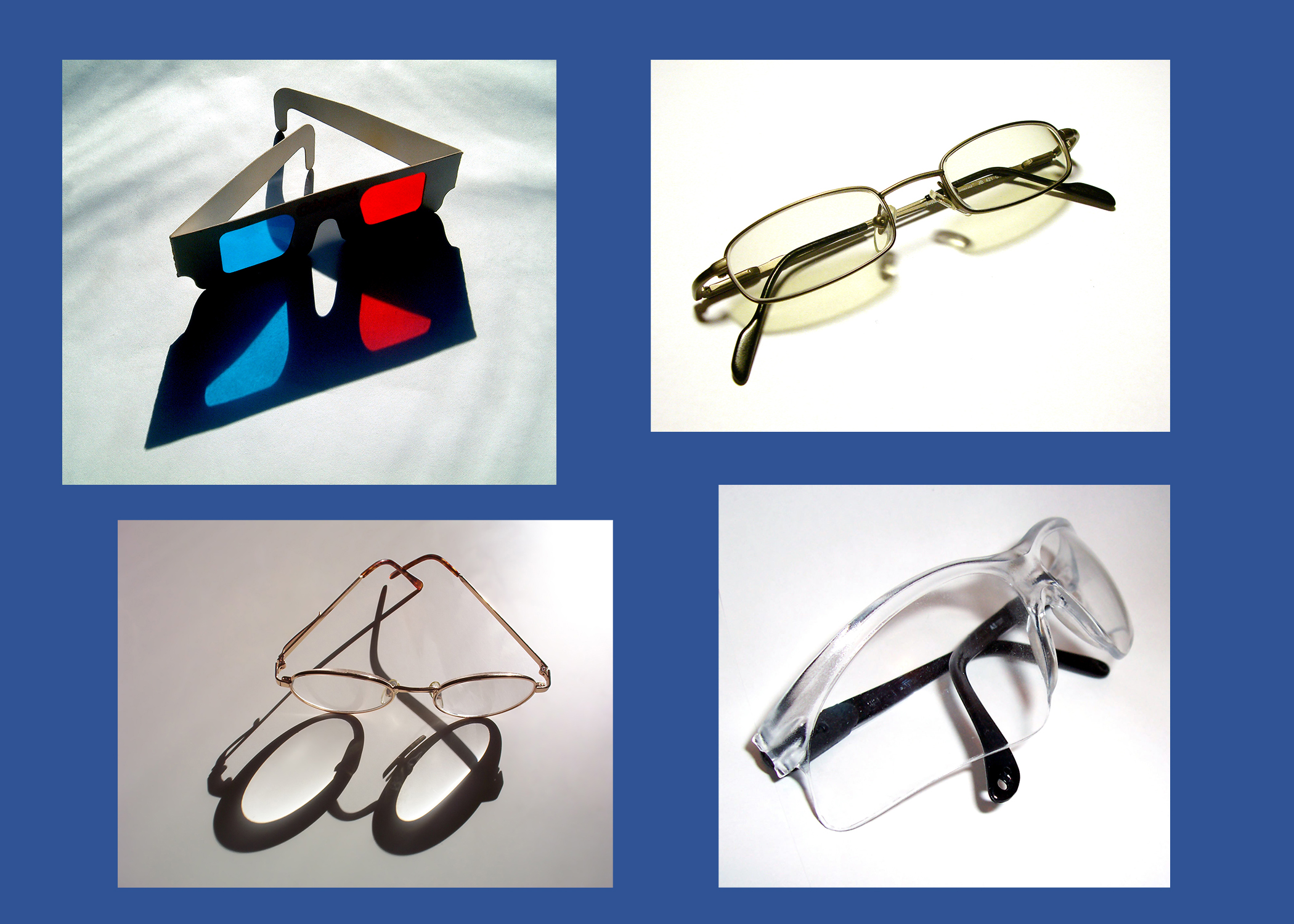 Photo collage of four pairs of glasses:  paper 3D, yellow lenses in reading glasses, round rimmed glasses and safety glasses