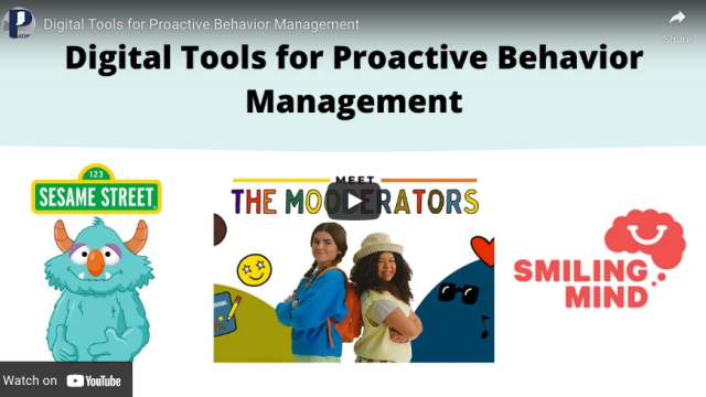 Digital Tools for Proactive Behavior Management. Breathe, Think Do, The Mooderators, and Smiling Mind logos.