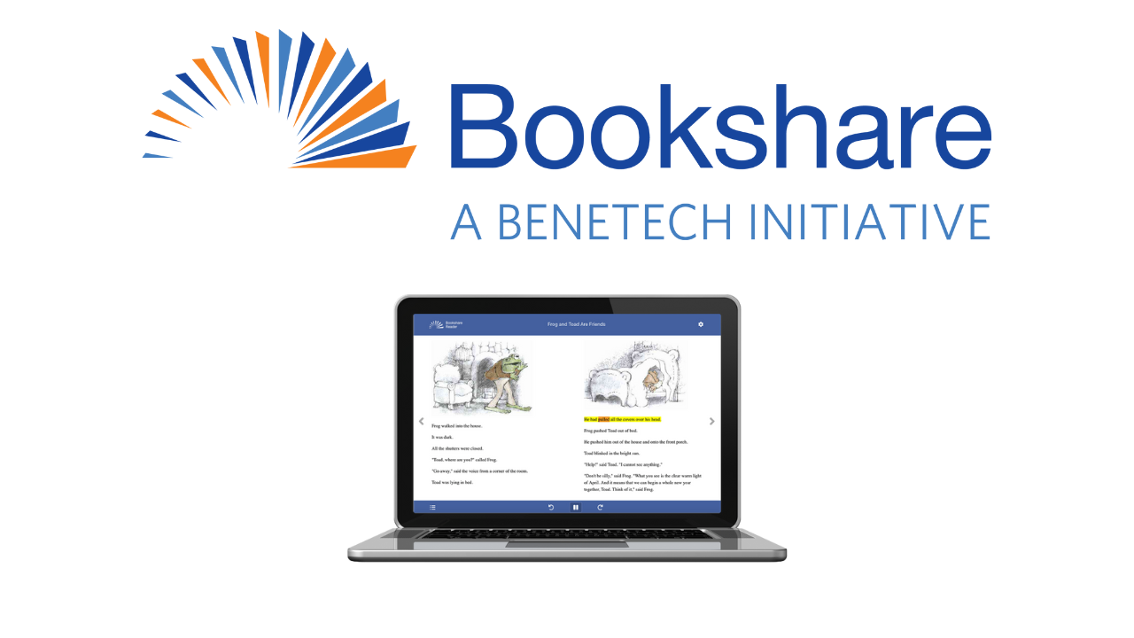 Bookshare A Benetech Initiative logo. Laptop with bookshare webpage open.